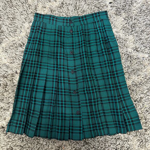 Vintage Technics Teal Green Black Plaid Pleated Button Midi Skirt 8 S Small 90s - Picture 1 of 8